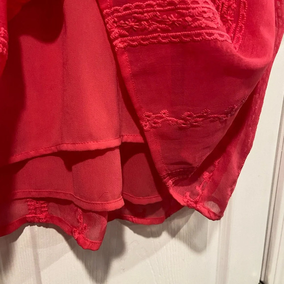 Aqua Pink High Neck Ruffle Sleeve Embroidered Flowy Babydoll Blouse Size M - Picture 6 of 11